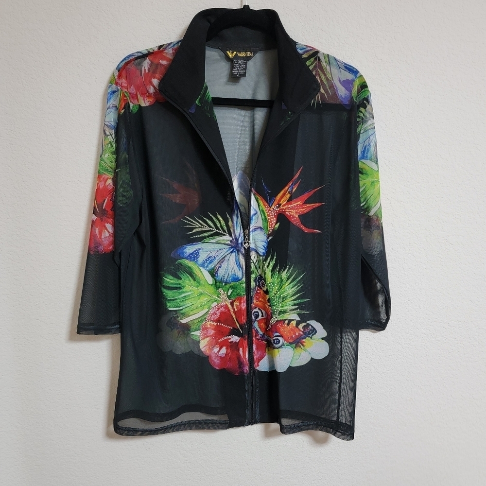 🤍 Valentine Black Sheer Floral Embellished front zip Jacket